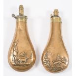 Two copper and brass shot flasks:, of typical form decorated with hunting scenes.