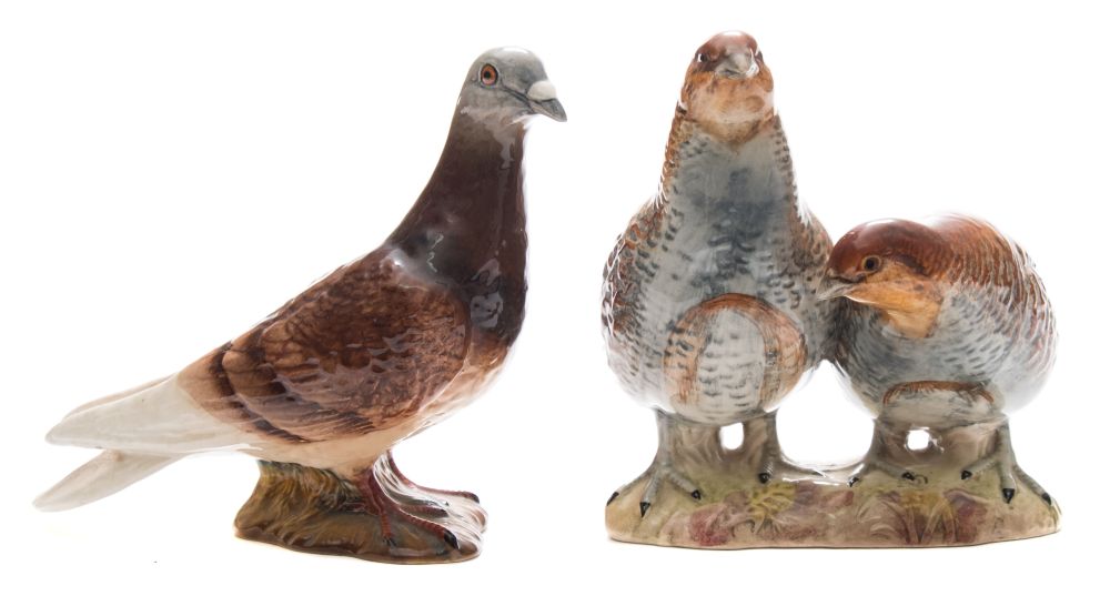 A Beswick group of two partridges (2064) and a racing pigeon (1383):,
