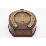 An early 20th century oak and brass mounted horseshoe shaped cribbage board and card box:,