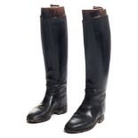 A pair of lady's handmade black leather riding boots (size 4) by D Davies with wooden boot trees:.