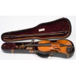 A 19th century violin and bow: having a two piece back of medium flame and curl,