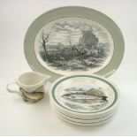 A Portmerion jug and six dinner plates of 'The Complete Angler British Fishes' pattern:,