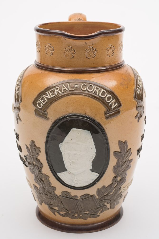 A Doulton Lambeth stoneware commemorative jug: for General 'Chinese' Gordon embossed beneath the - Image 2 of 3