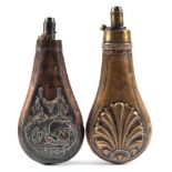 A copper and brass shot flask by G & J W Hawlsley, with anthemion decoration:,