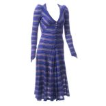 Biba, a party dress in purple , black and gold coloured stripes:,