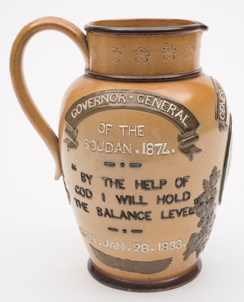 A Doulton Lambeth stoneware commemorative jug: for General 'Chinese' Gordon embossed beneath the