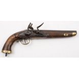 A 19th Century flintlock holster pistol:, unsigned, plain 9 inch barrel with brass capped forend,
