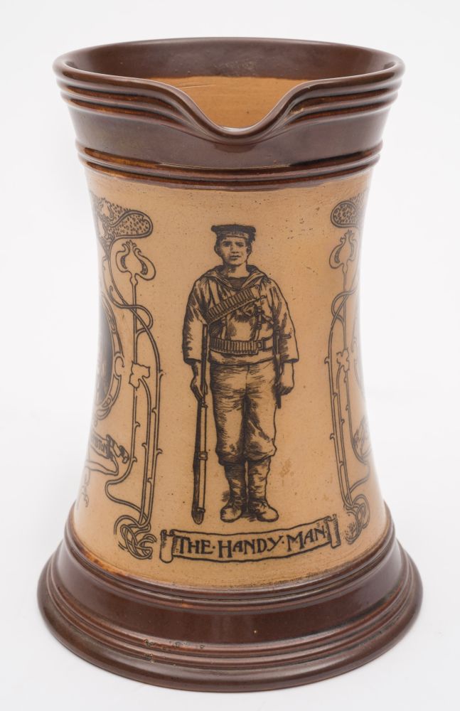 Of Boer War Naval interest a Doulton Lambeth stoneware 'Handy Man' jug: of waisted form with ribbed