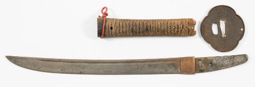 A 19th century Japanese tanto:, the short single edge bade with copper habki and iron tusba,