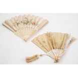 A 19th century mother-of-pearl fan with painted silk leaf:,