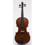 A 19th century violin:, scrolling head stock over ebony finger board and body with sound holes,