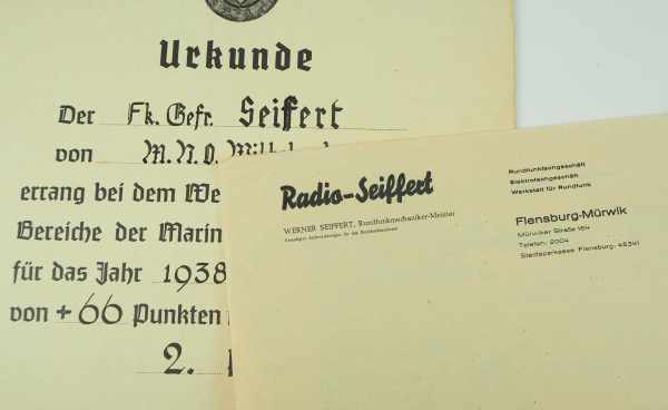 3.1.) Urkunden / Dokumente Urkunde Wett-hören im Bereich der Marinestation der Nordsee 1938. - Image 2 of 2