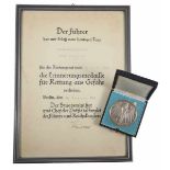 1.2.) Deutsches Reich (1933-45) Erinnerungsmedaille für Rettung aus Gefahr, im Etui, mit Urkunde für