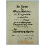 3.1.) Urkunden / Dokumente Zerstörer Kriegsabzeich Urkunde - Z6 "Theodor Riedel".Schmuckvordruck,