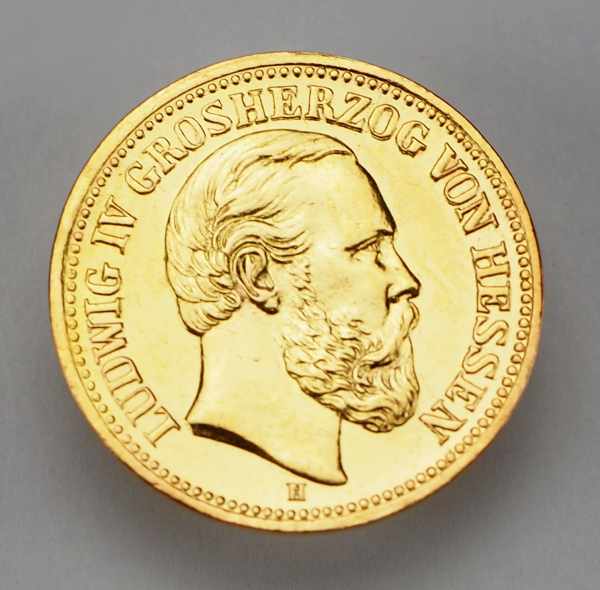 7.4.) Münzen Hessen: Ludwig IV, 5 Mark, 1877-H.Gold.Zustand: I- 7.4 ) Coins (ArtBezUS FEHLER)(