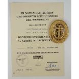 3.1.) Urkunden / Dokumente Kriegsverdienstkreuz, 1. Klasse mit Schwertern Urkunde - Korvettenkapitän