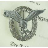 1.2.) Deutsches Reich (1933-45) Flugzeugführerabzeichen, mit Urkunde für einen Unteroffizier.Zink,