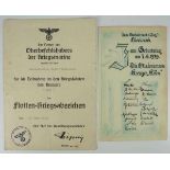 3.1.) Urkunden / Dokumente Flotten-Kriegsabzeichen Urkunde - Kreuzer Köln.Schmuckvordruck, gefaltet,