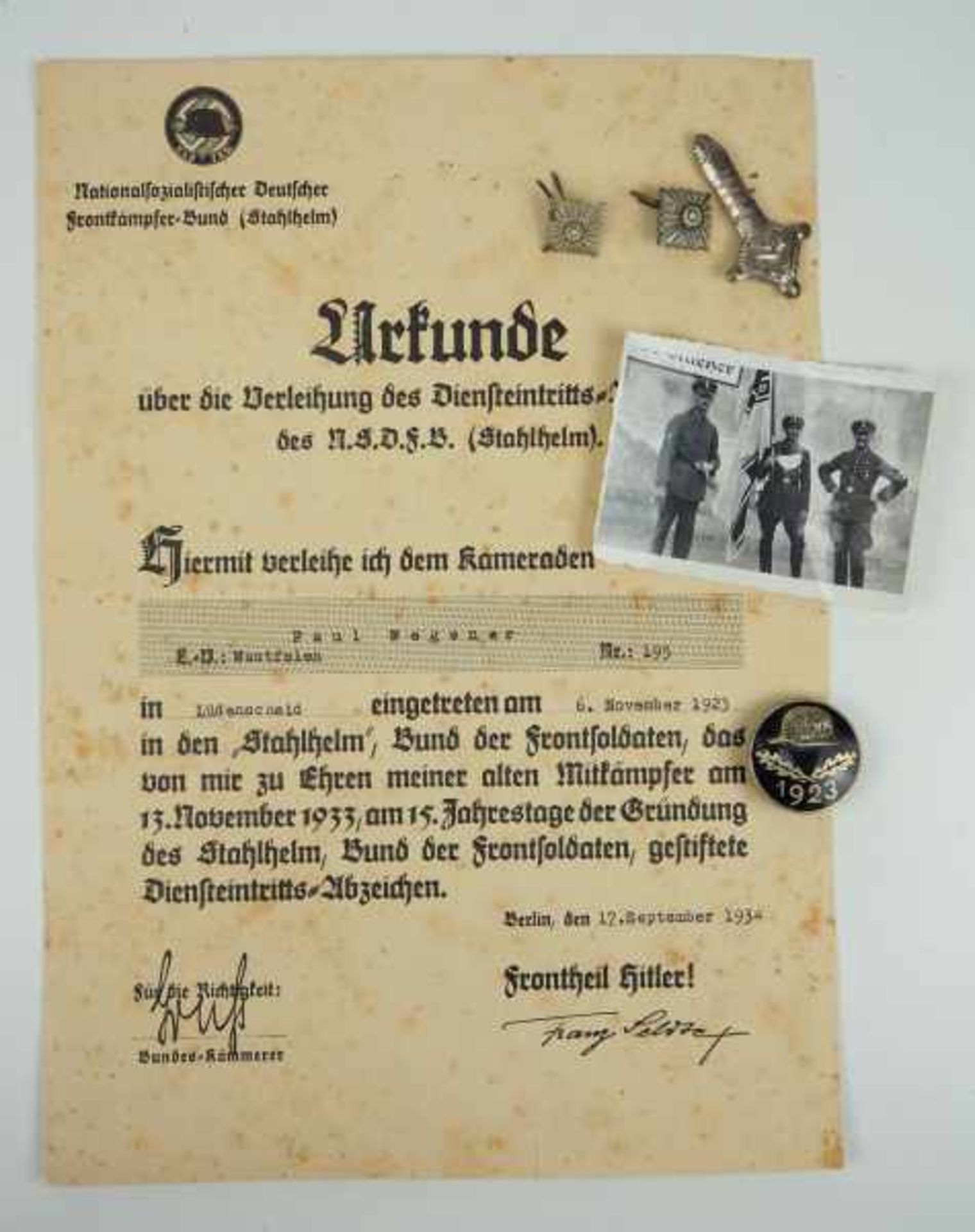 0.1.) Sammlung Stahlhelmbund Stahlhelmbund: Nachlass eines Fahnenträgers, 1923, aus Lüdenscheid,