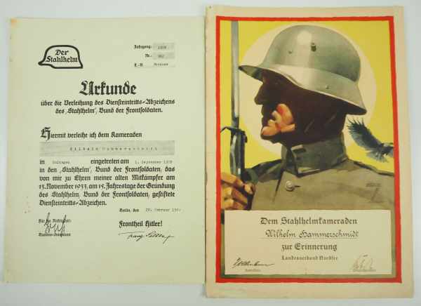 0.1.) Sammlung Stahlhelmbund Stahlhelmbund: Urkundenpaar mit Eintrittsabzeichen 1923 - Sulingen.-