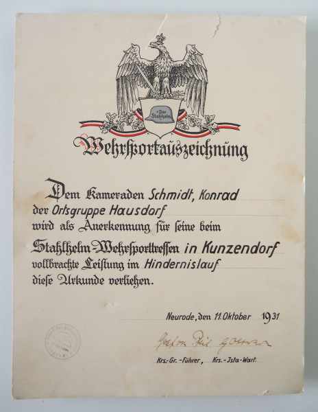 0.1.) Sammlung Stahlhelmbund Stahlhelmbund: 3 Wehrsport Urkunden.- 1. Preis (Rundburg, 21.3.33, - Image 6 of 7