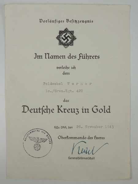 3.1.) Urkunden / Dokumente Dokumentennachlass des Feldwebel und Deutschen Kreuz in Gold Trägers - Bild 14 aus 17