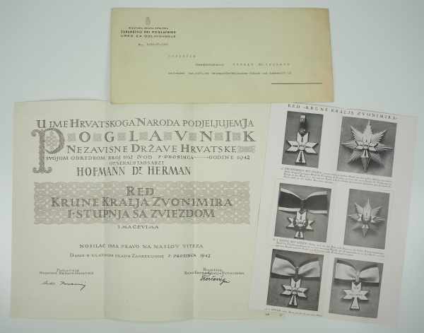 3.1.) Urkunden / Dokumente Kroatien: Orden der Krone König Zvonimirs, 1. Klasse mit Bruststern und