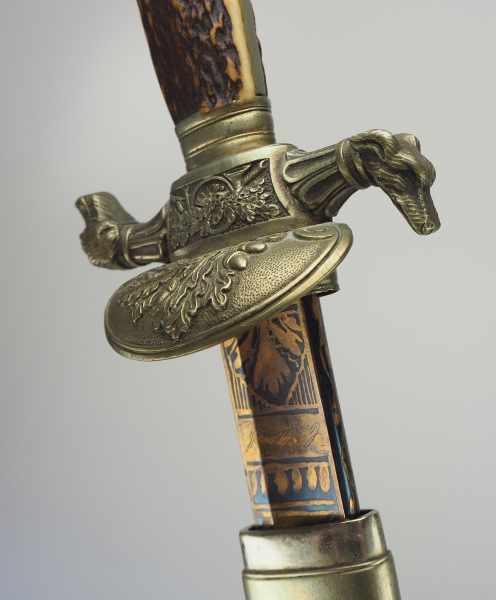 4.3.) Blankwaffen Luxus Hirschfänger.Gebläute und goldgehöhte Klinge, Waffentrophäen, Arabesken - Image 3 of 8
