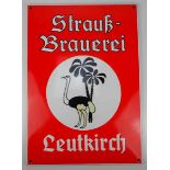 7.1.) Historica Emailschild - Strauß-Brauerei Leutkirch.Hoher Rand. Motiv: Strauß vor Palmen in