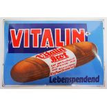 7.1.) Historica Emailschild - Vitalin Brot.Gewölbt, minimale Abplatzer. Motiv: Brot auf blauem