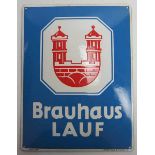 7.1.) Historica Emailschild - Brauhaus Lauf.Gewölbt. Motiv: Rotes Wappen auf weißem Grund, blauer