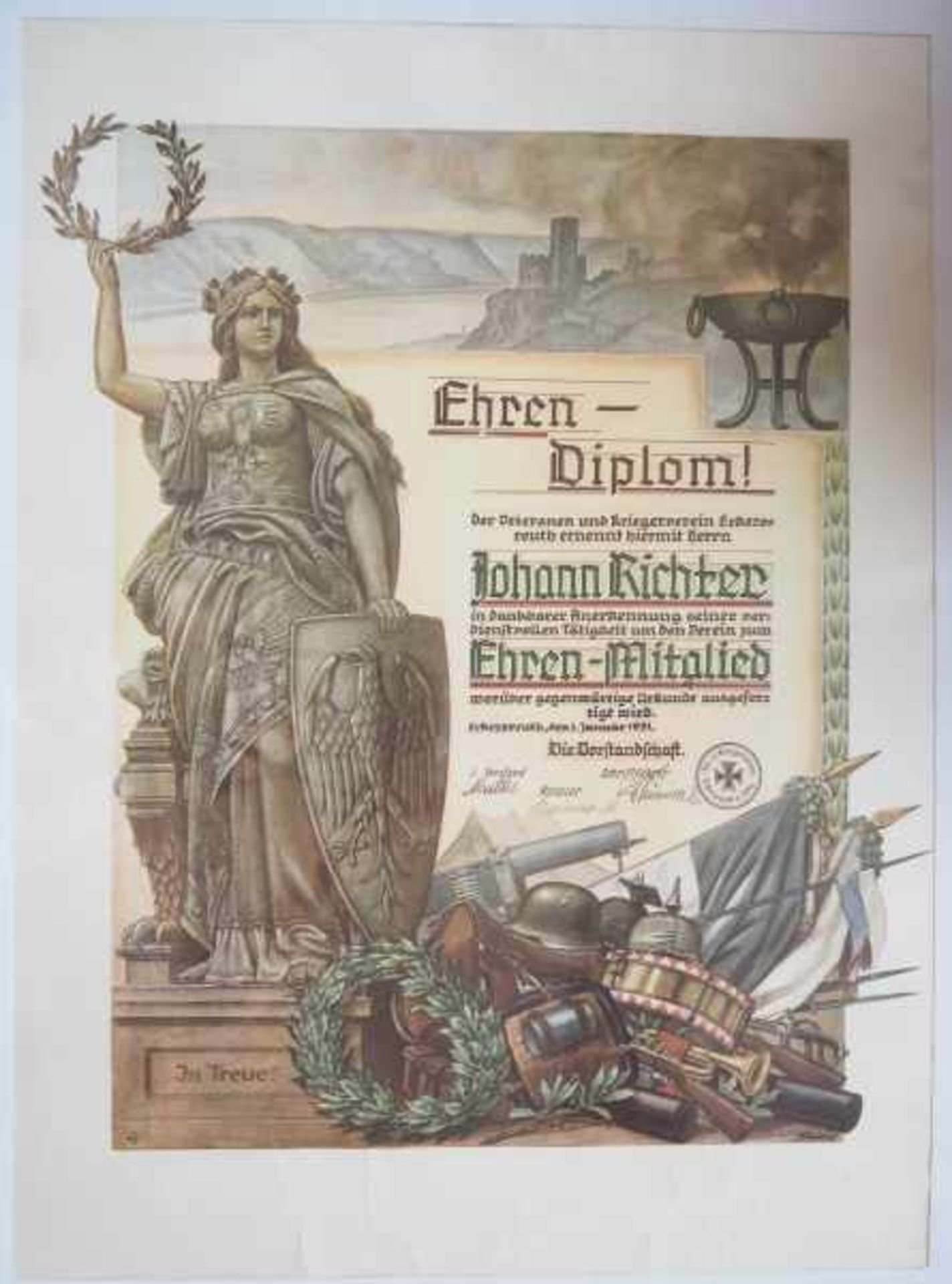 0.3.) Militaria Ehren-Mitglieds Urkunde Veteranen- u. Kriegerverein Eckersreuth.Großformat,