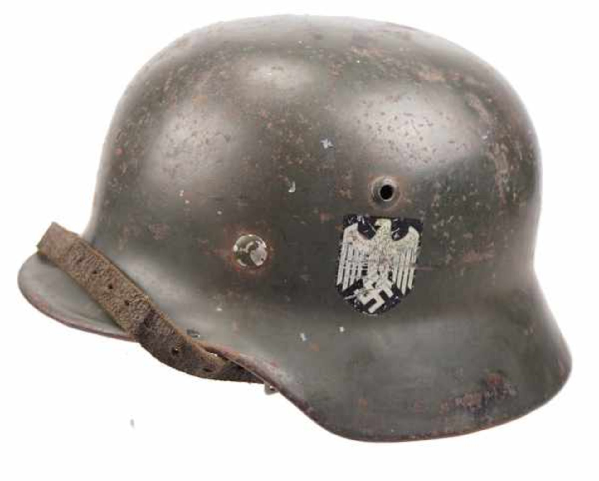 0.3.) Militaria 3. Reich: Wehrmacht Stahlhelm M35 mit Doppelemblem.Dunkelgrüner Originallack, - Image 4 of 9