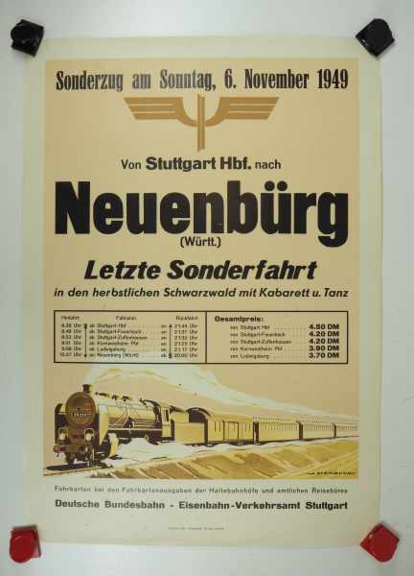 0.2.) Emailschilder / Werbeplakate Plakat: Eisenbahn - Sonderzug von Stuttgart nach Neunebürg (