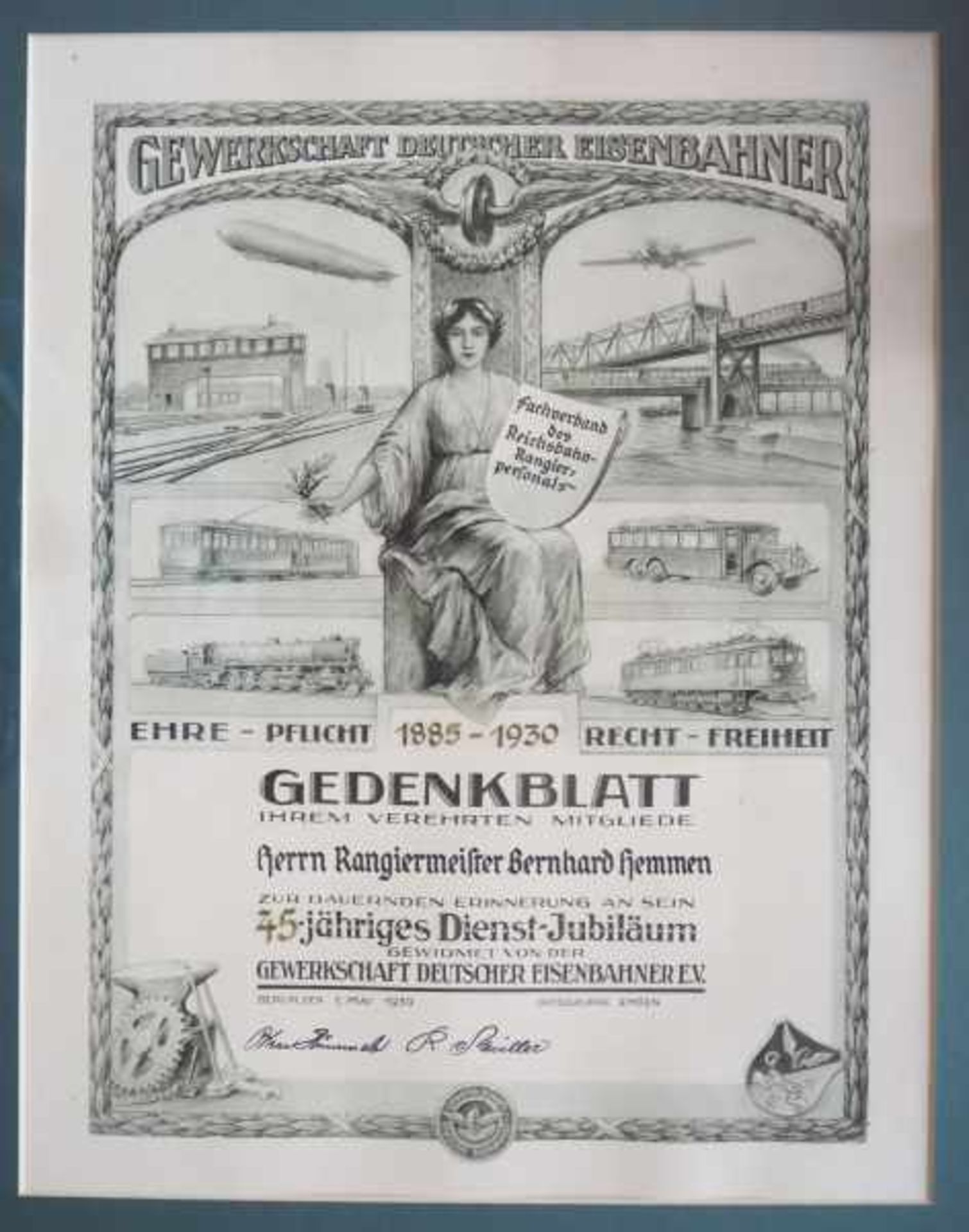 0.1.) Eisenbahn / Bergbau Eisenbahn - Gedenkblatt für 45 Dienstjahre für einen Rangiermeister.