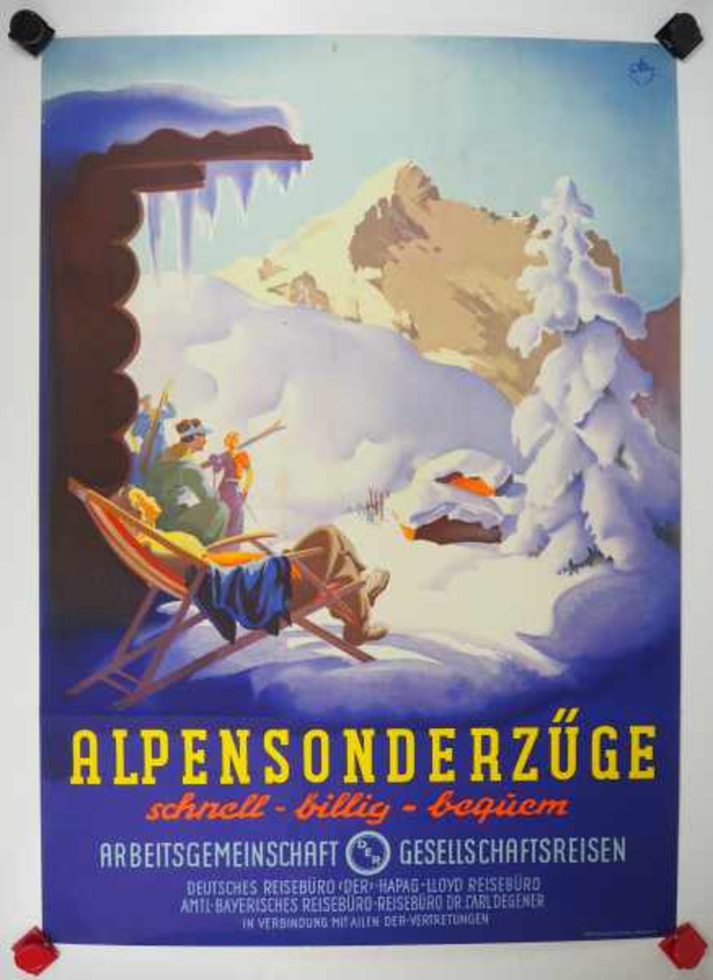 0.2.) Emailschilder / Werbeplakate Plakat: Eisenbahn - Alpensonderzüge.Mehrfarbig, ca. 83 x 59 cm.