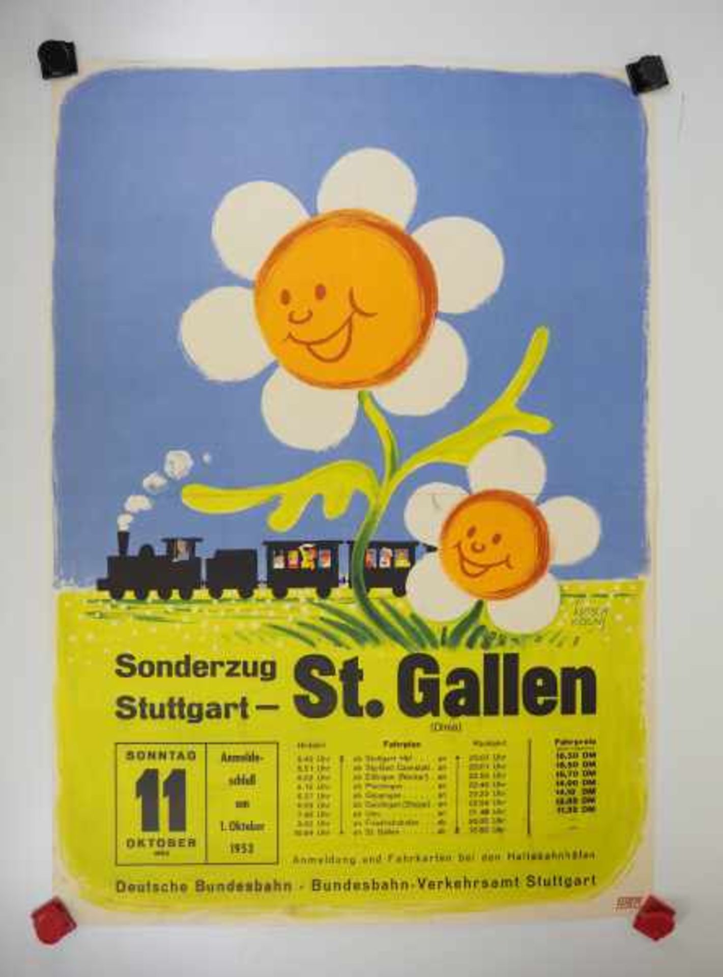 0.2.) Emailschilder / Werbeplakate Plakat: Eisenbahn - Sonderzug Stuttgart - St. Gallen 1953.