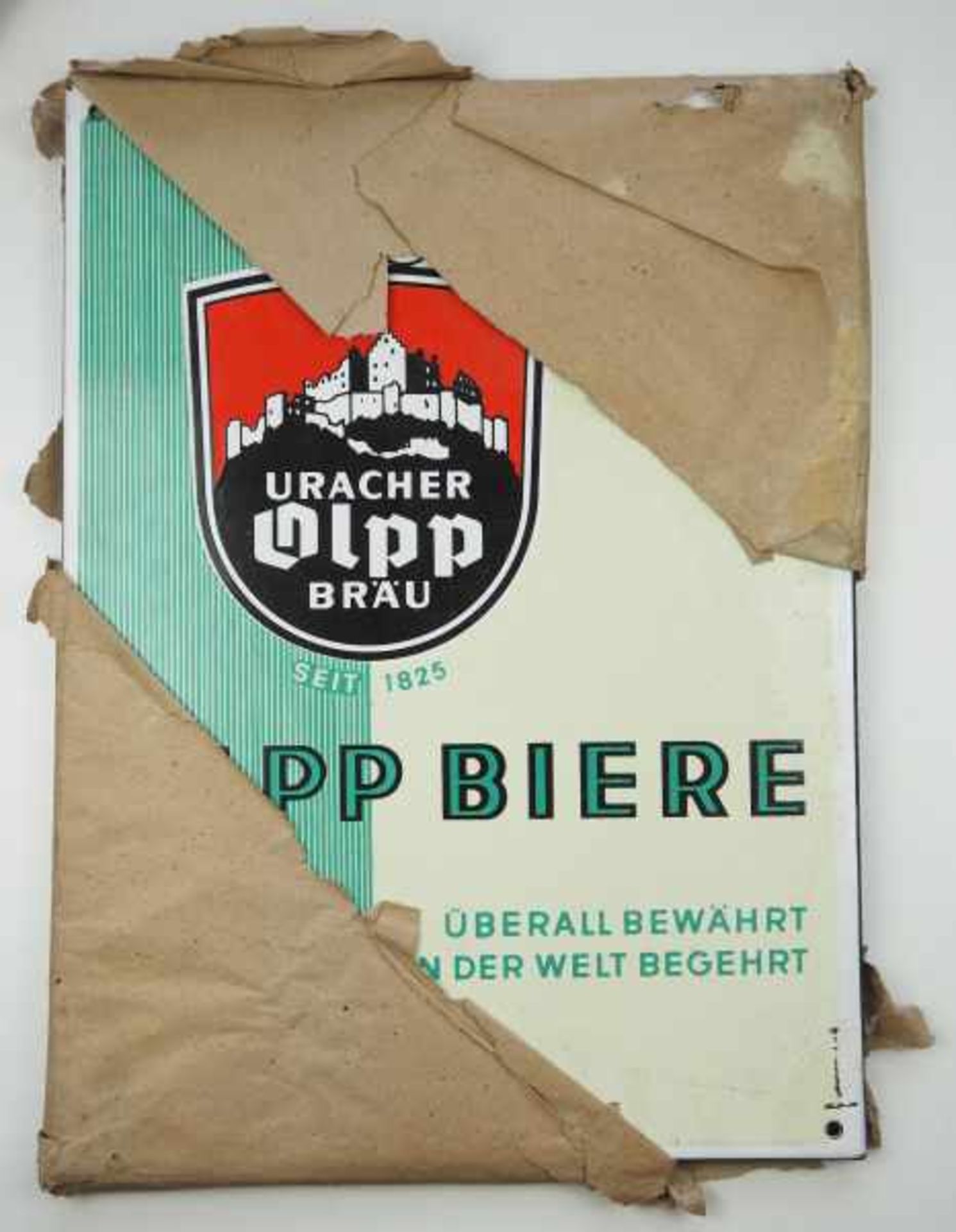 0.2.) Emailschilder / Werbeplakate Emailschild - Uracher Olpp Bräu.Orginales Packpapier noch