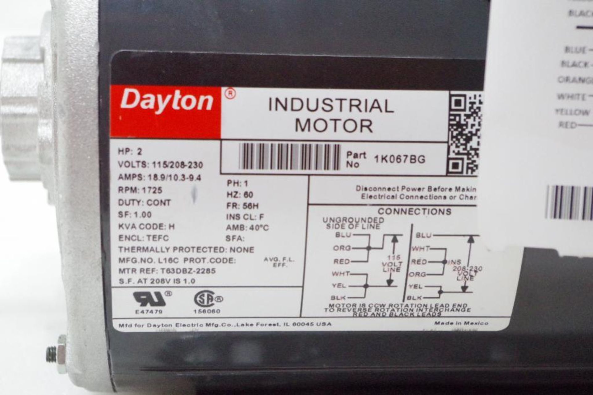 DAYTON Industrial Motor, 2 HP, 1725 RPM, 1 PH (condition unknown) - Image 2 of 3