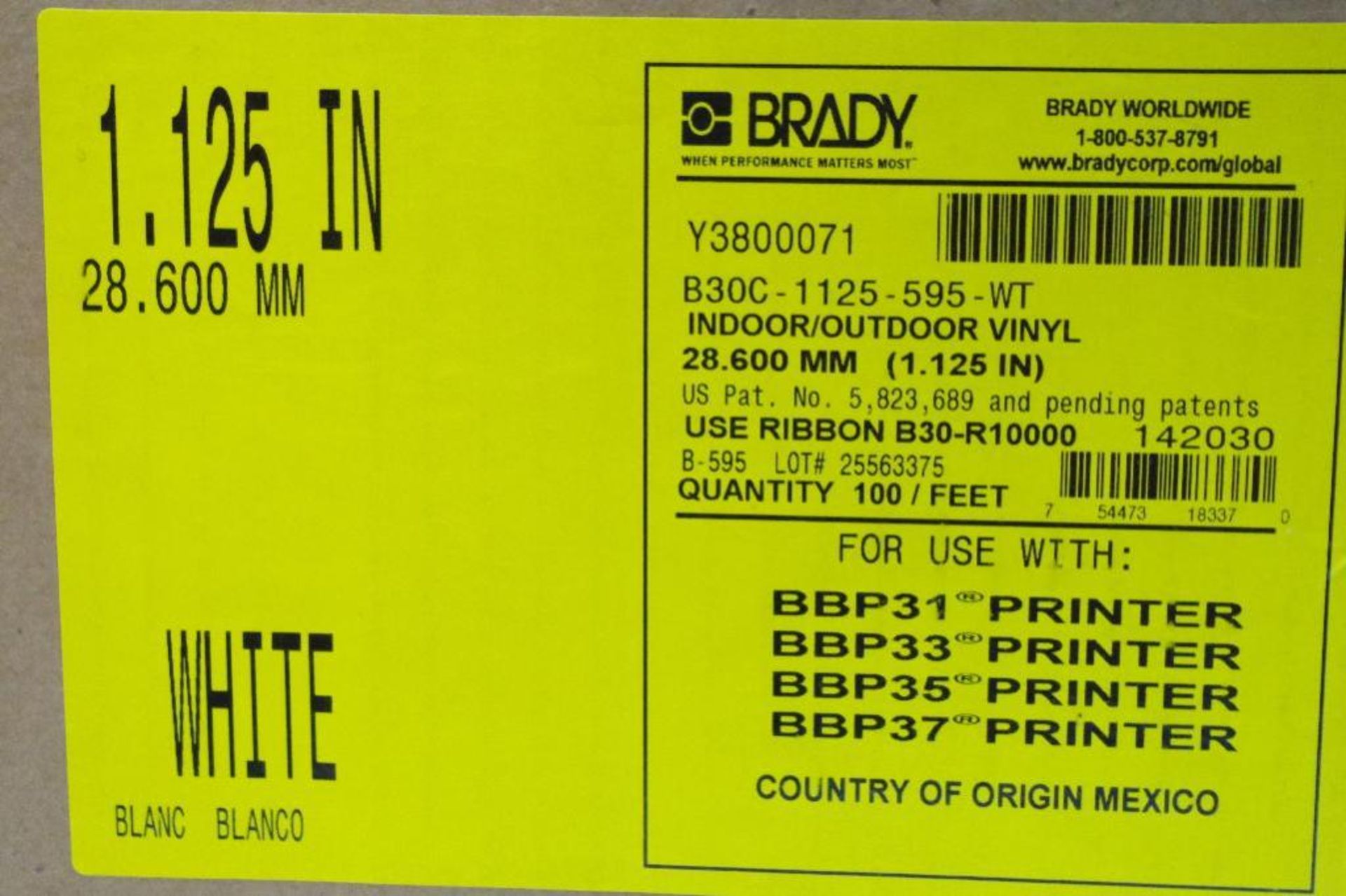 BRADY White Vinyl Film Label Tape Roll, 100'L, 1-1/8"W M/N B30C-1125-595-WT - Image 3 of 5