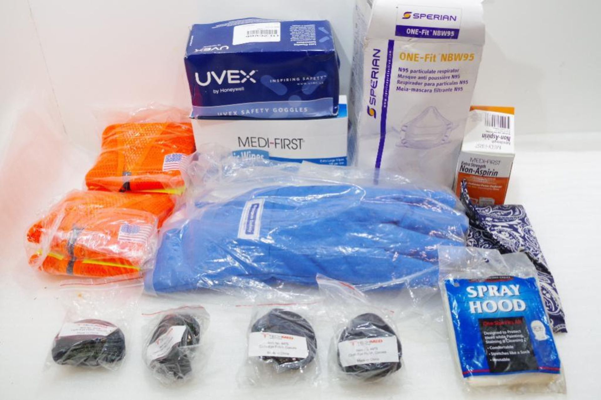 (QTY) Misc. Safety/Medical Supplies: Glasses, High Vis. Vests, Respirators, Eye Patch & More