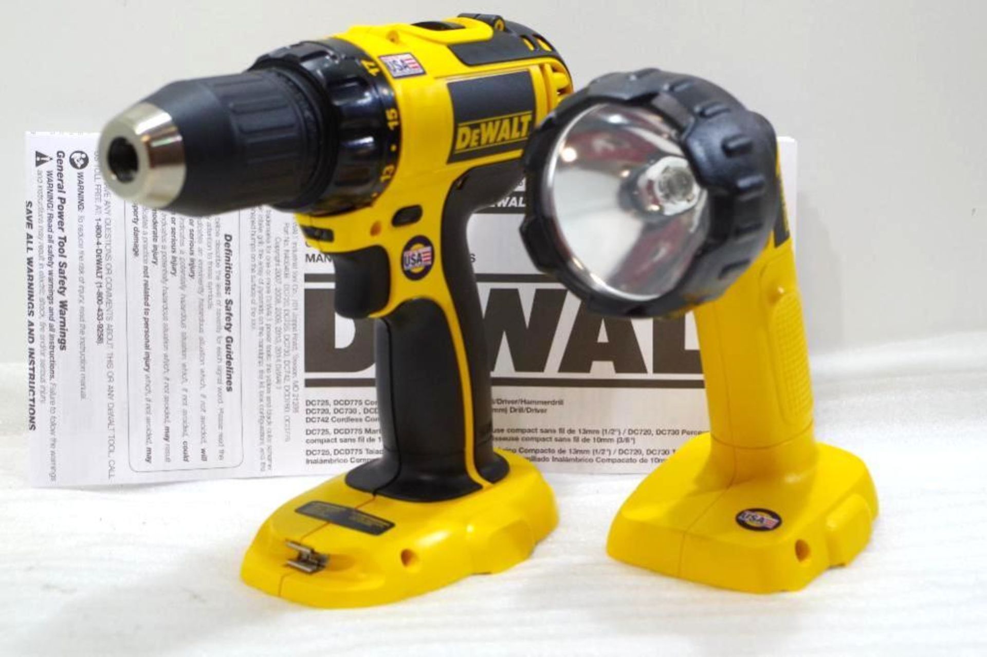 (2) NEW DEWALT 18V Tools: 1/2" Drill/Driver M/N DC720 & Flashlight M/N DW908, Made in USA