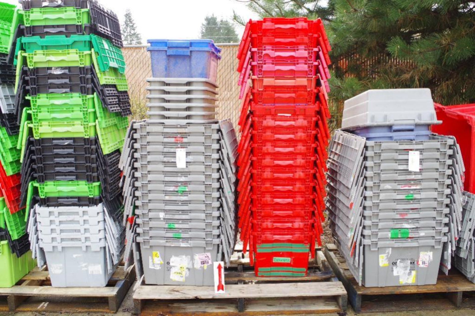 (QTY) Pallet of Plastic Bins & Storage Containers (One Pallet - Middle Grey & Red Stacks)