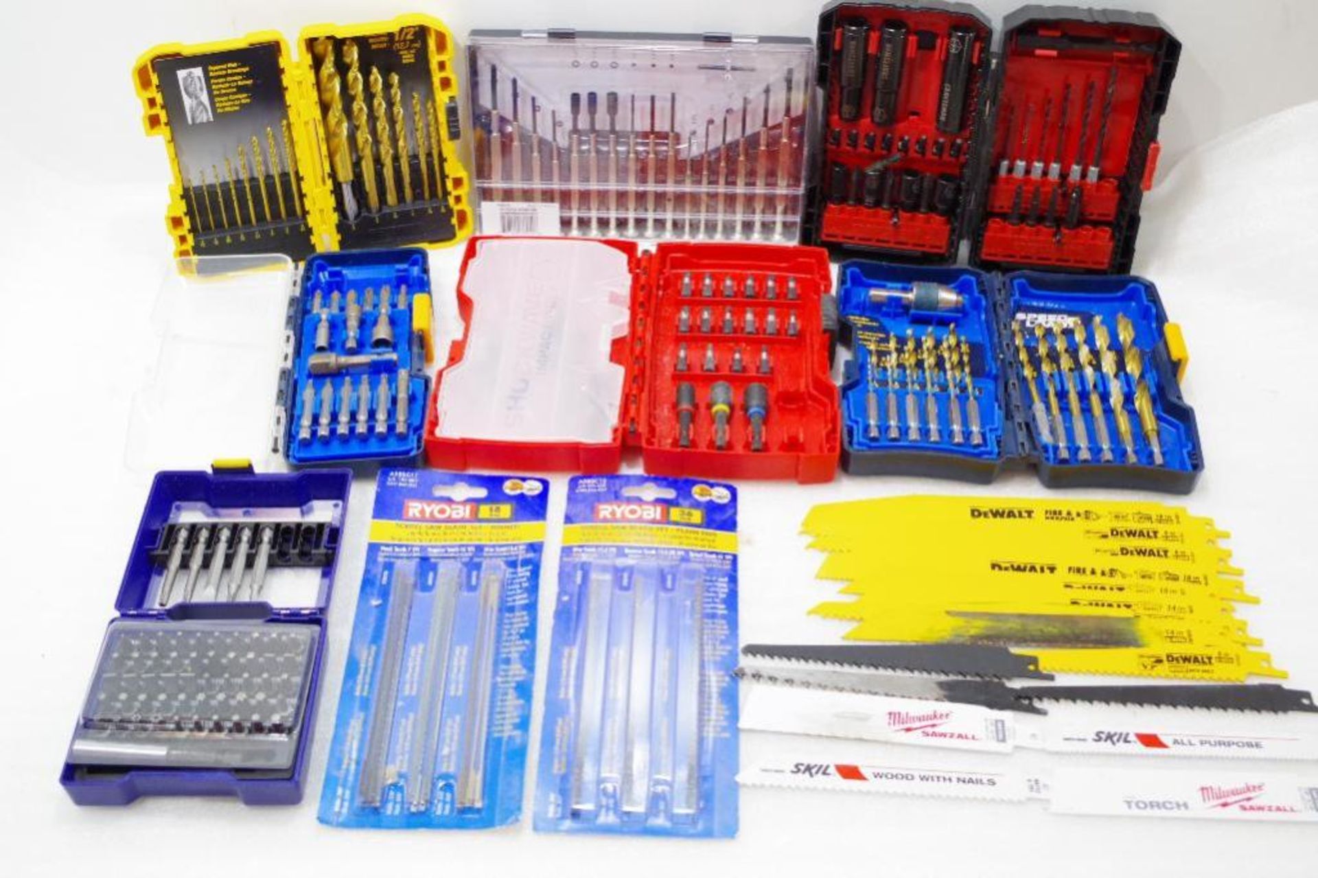 (10) Tool Sets: Drill Bits, Screw Drivers, Blade Sets & Reciprocating Saw Blades (Some New & Used)