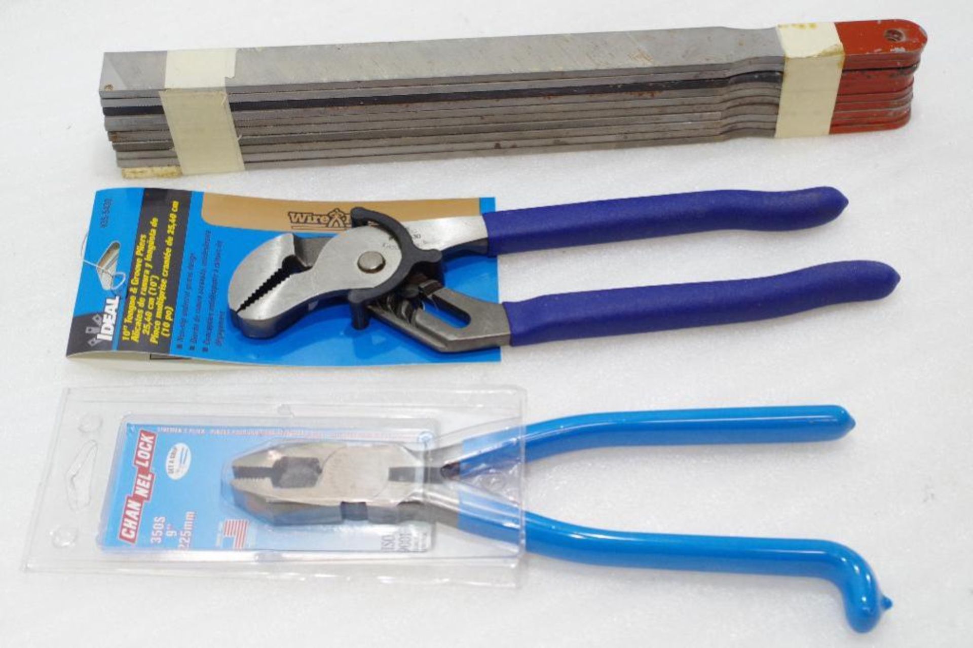 (1) NEW CHANNEL LOCK 9" Lineman Pliers, (1) IDEAL 10" Tongue & Groove Pliers& (10) Files