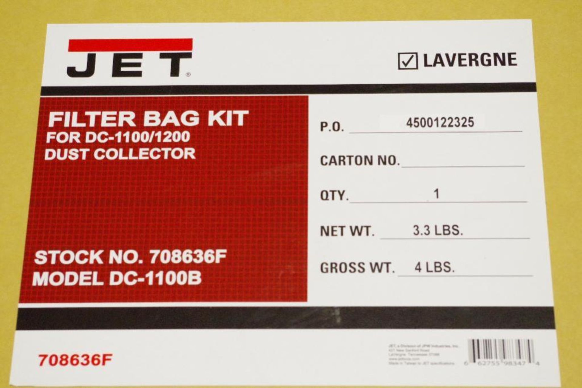 NEW JET Dust Collector M/N DC-1200VX w/ JET 30-Micron Bag Filter Kit, M/N DC-1100B - Image 6 of 6