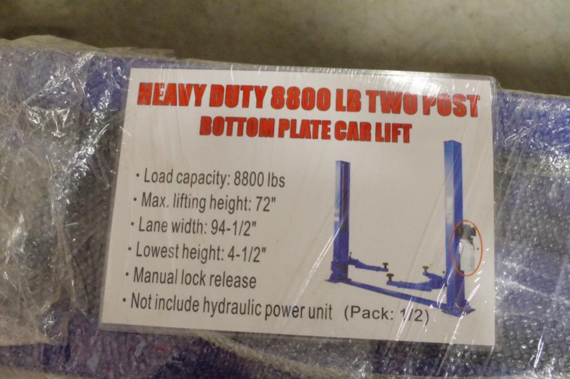 NEW Heavy Duty 8800 lb. Two Post Bottom Plate Car Lift w/ Hydraulic Power Unit - Image 2 of 4