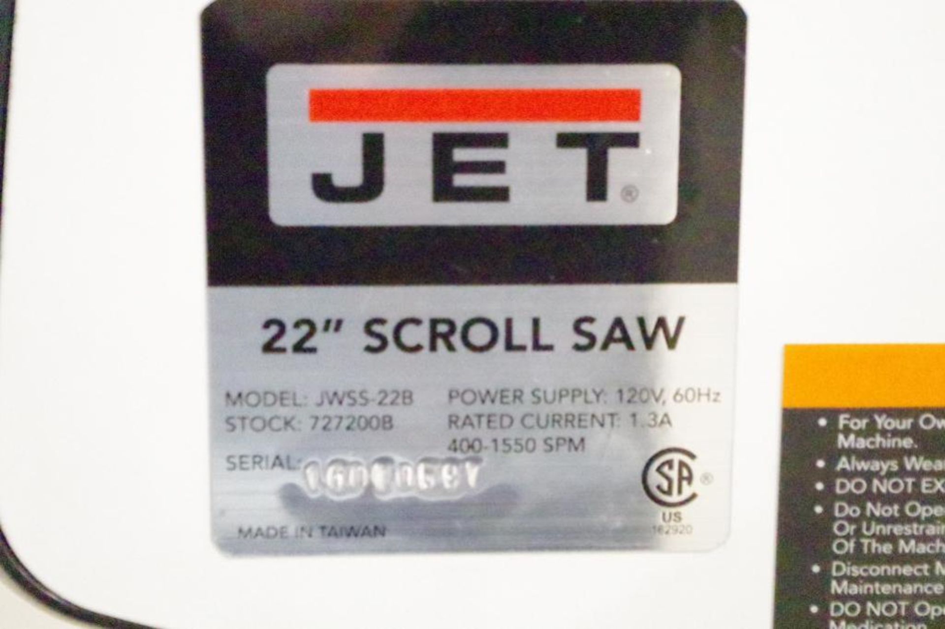 NEW JET 22" Scroll Saw w/ Foot Switch, M/N JWSS-22B - Image 2 of 4