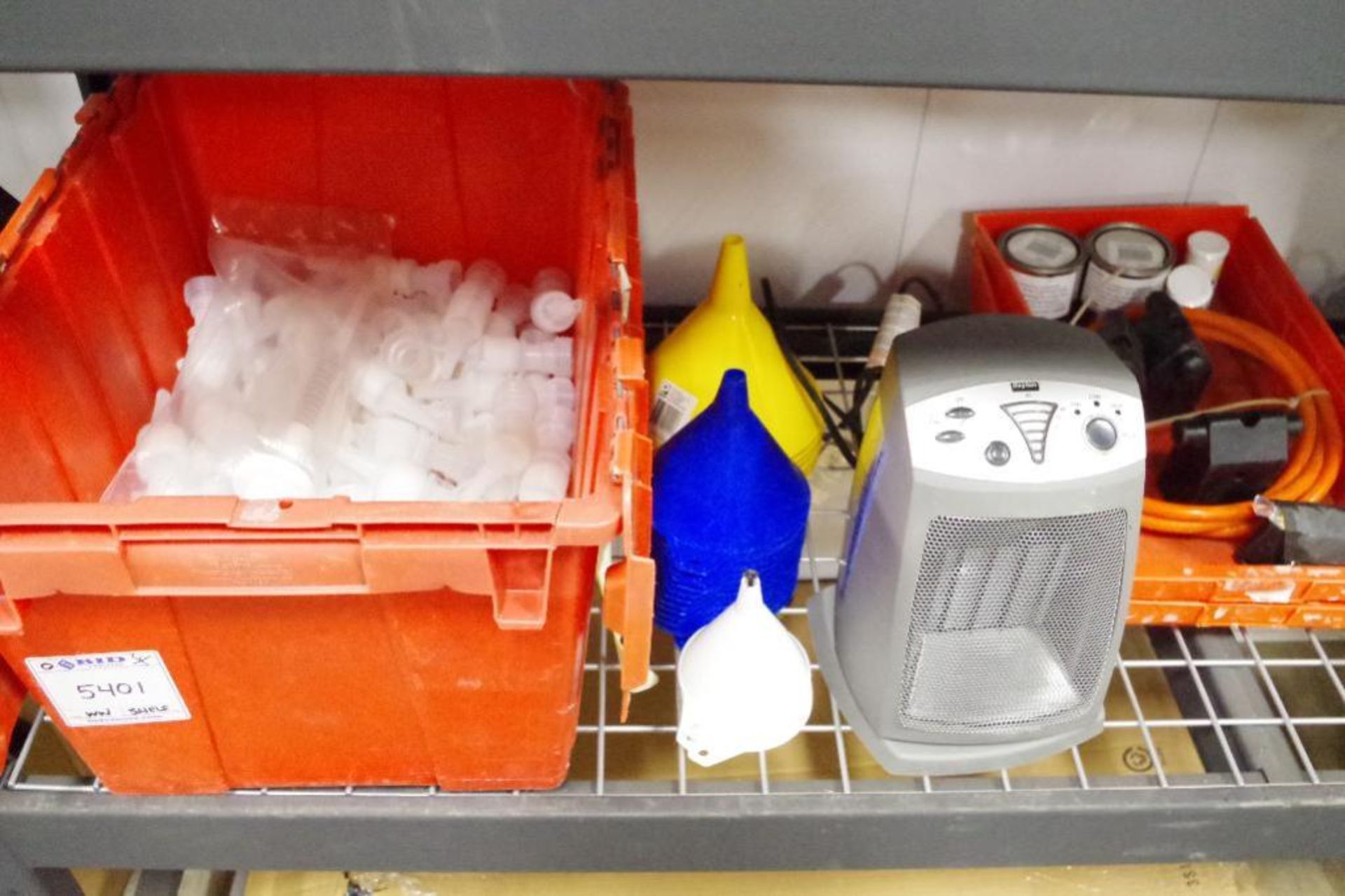 Shelf Contents: (QTY) Assorted Supplies: (20) Funnels, Bin Adjustable Nozzles, Strap, Banding, etc - Image 3 of 7