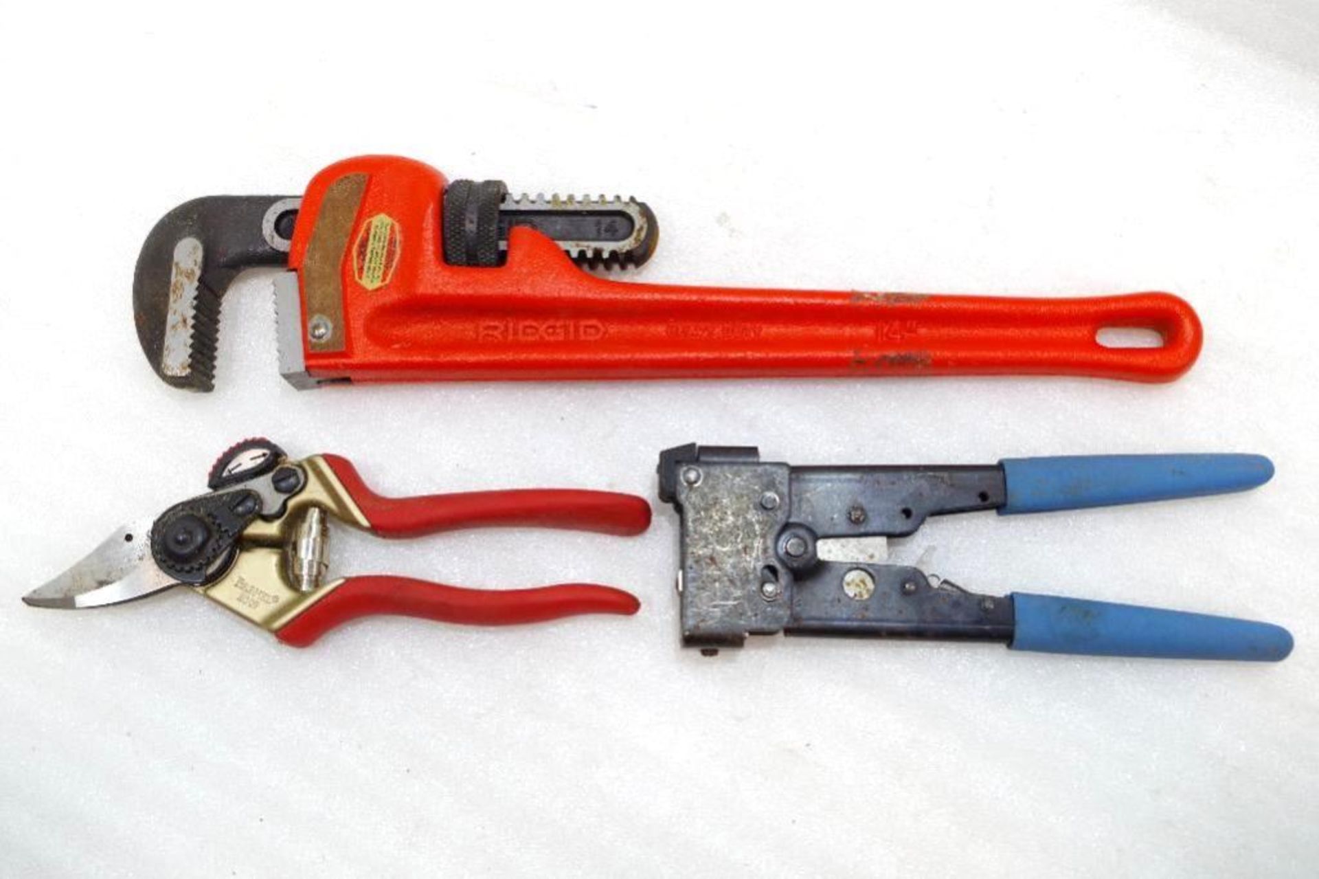 (3) Misc. Tools: (1) RIDGID 14" Pipe Wrench, (1) AMP Modular Plug Tool, (1) BARNEL Hand Pruner B307